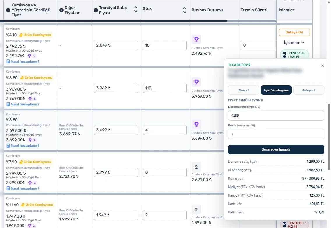 Gerçek mağaza ekranı: TicaretOps eklenti panelinde 4.299 TL deneme fiyatı ve yüzde 7 komisyonla katkı kârı ve marj hesabı